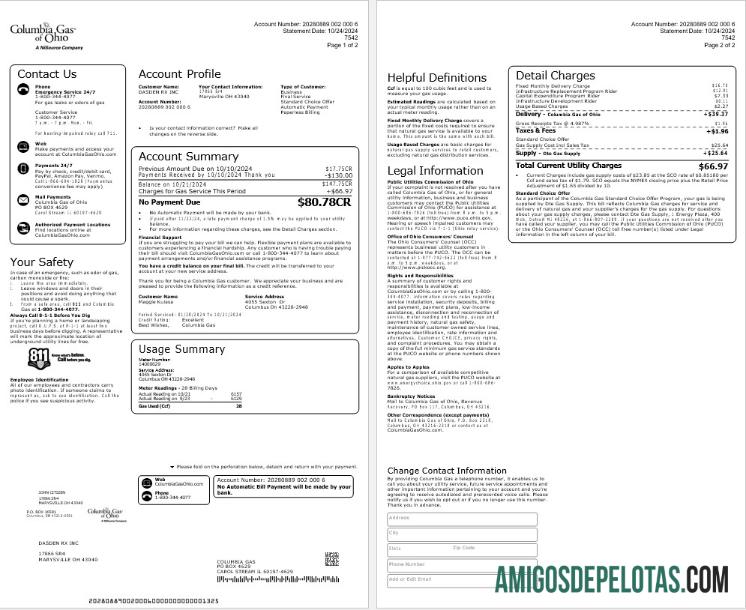 para download EUA COLUMBIA GAS OF OHIO Business Utility Bill Word e modelo PDF